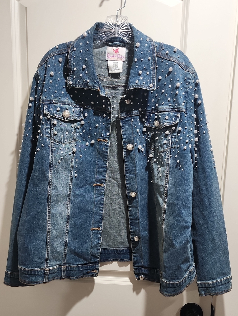 Quacker Factory Pearl Embellished Denim Jacket Women’s Large Rhinestone Studded